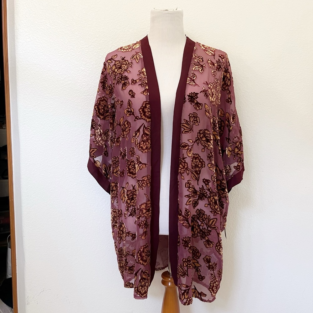 NWT - Sheer Floral Velvet and Chiffon Kimono | Wine, Gold | Women’s Small